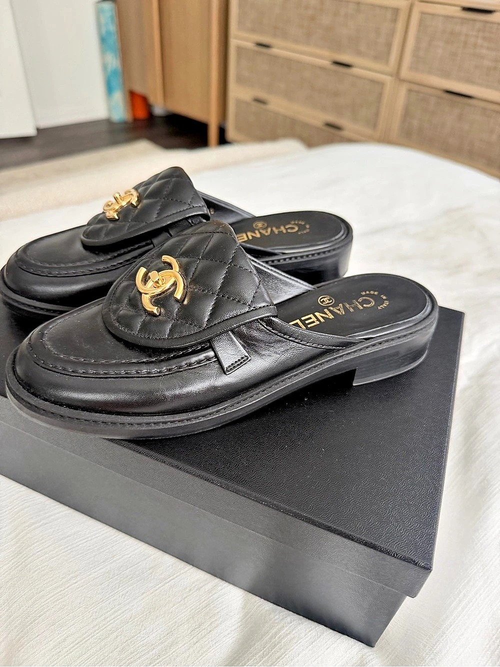 Chanel Lambskin Quilted CC Turnlock Flat Mules Black